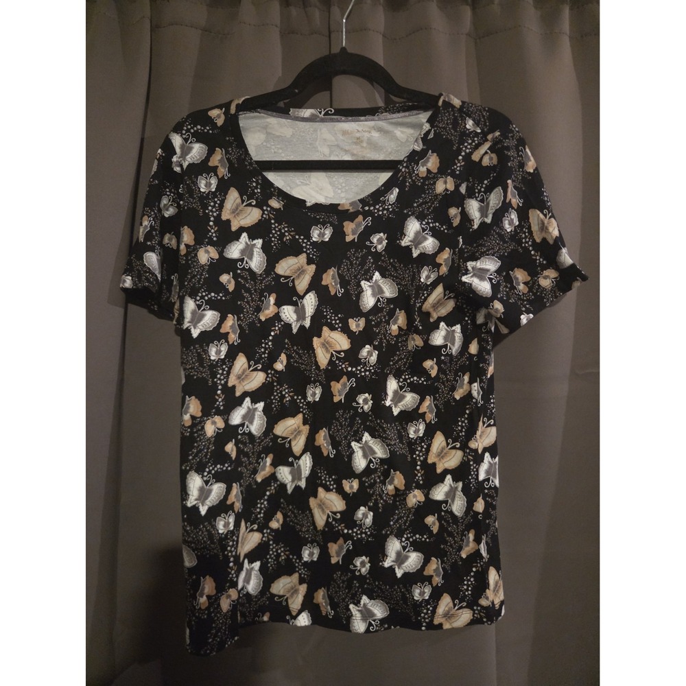 WHITE STAG BLACK SHORT-SLEEVE SHIRT WITH BUTTERFLY PRINT SIZE MEDIUM Stretch